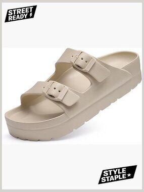 Platform Sandals with Arch Support, Chunky Foam Slides, Adjustable Buckle